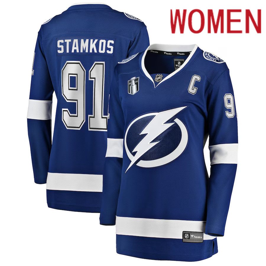 Women Tampa Bay Lightning 91 Steven Stamkos Fanatics Branded Blue Home Stanley Cup Final Breakaway Player NHL Jersey